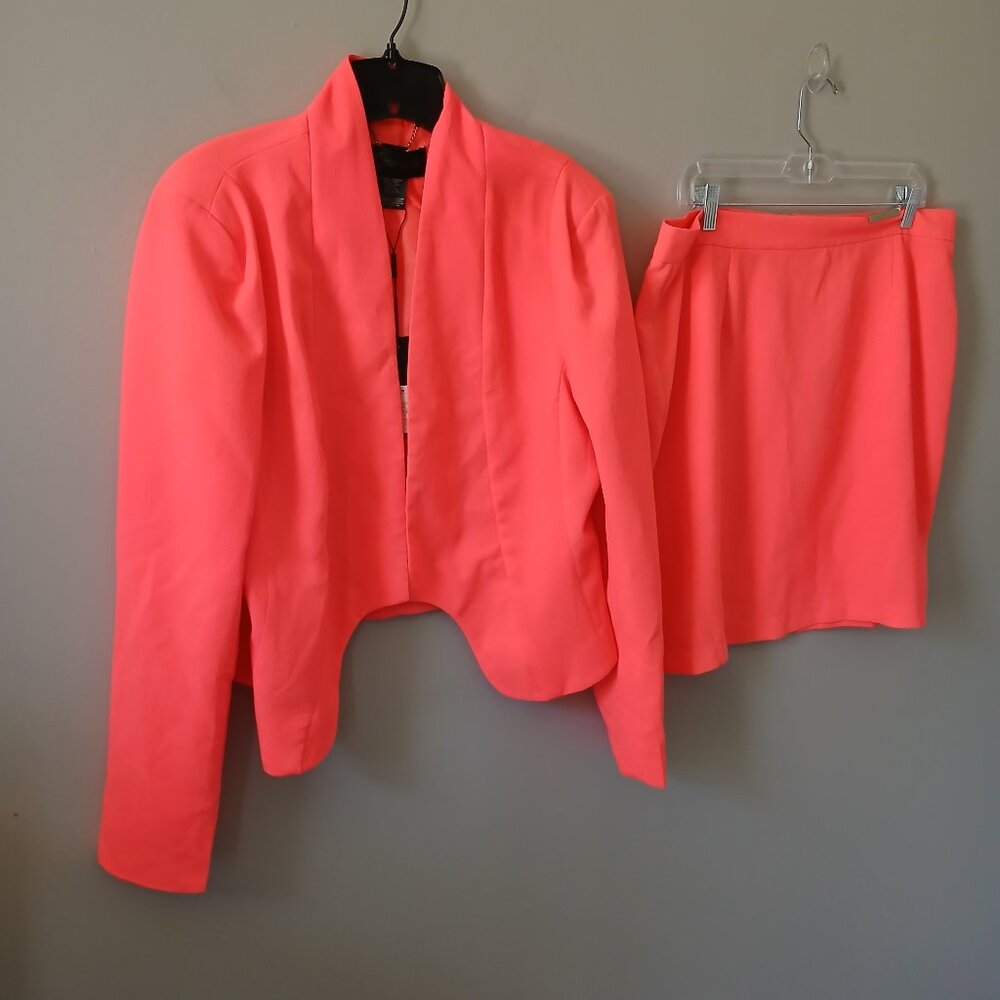 Women's Neon Coral Blazer & Skirt Suit Jacket Set